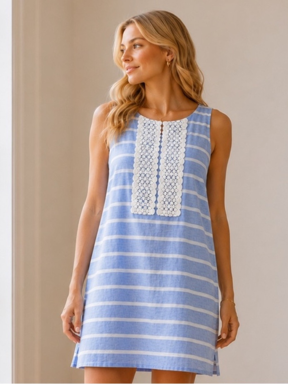 Talbots Blue Striped Crochet-Trim Sleeveless Dress